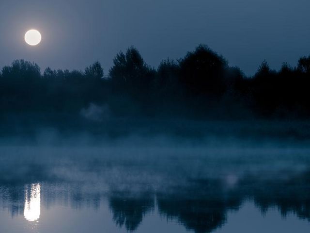 Nur der Vollmond: Ein See bei Nacht, ohne Lichtverschmutzung